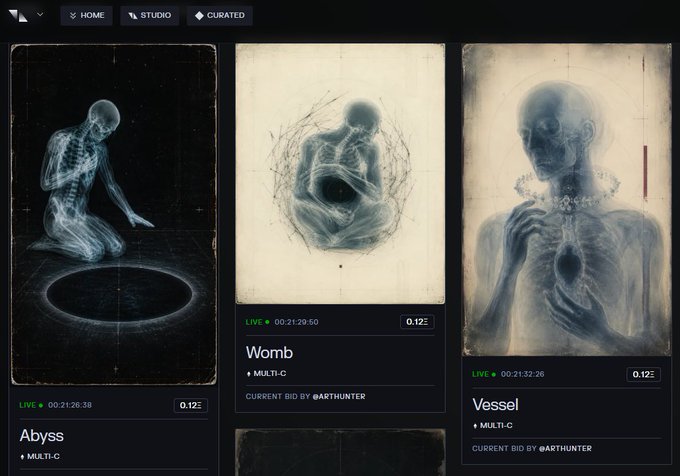 A dark-themed NFT marketplace interface displays three artwork listings titled 'Abyss', 'Womb', and 'Vessel', showing ethereal X-ray-like human figures with live status and bidding information.