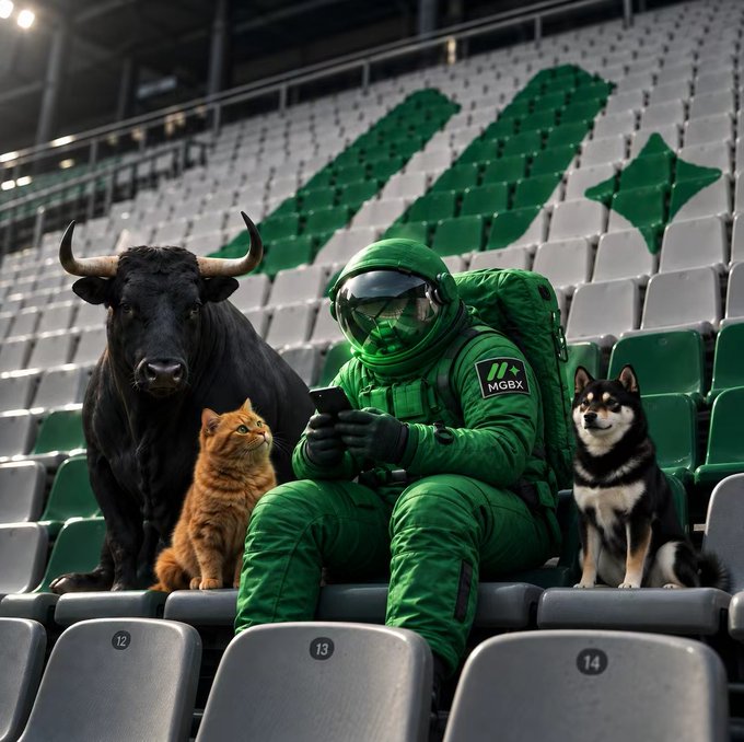 A surreal scene of a person in green military gear with 'MGBX' on their vest sitting in stadium seats, accompanied by a black bull, an orange cat, and a husky dog, with green arrows visible on the stadium wall.