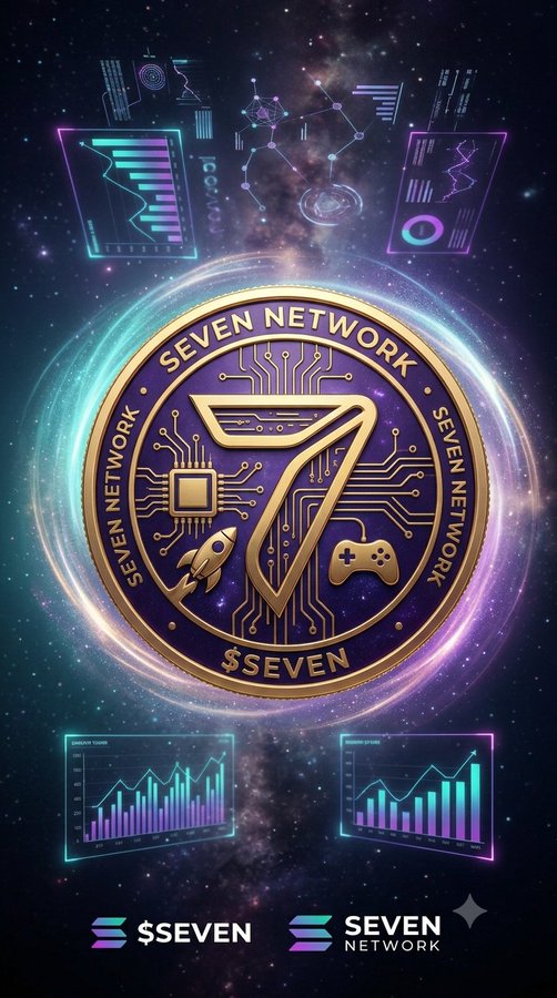 A promotional graphic for 'SEVEN NETWORK' featuring a large gold and purple '$SEVEN' coin with circuit board details, a rocket, and a game controller, set against a space-themed background with holographic charts.