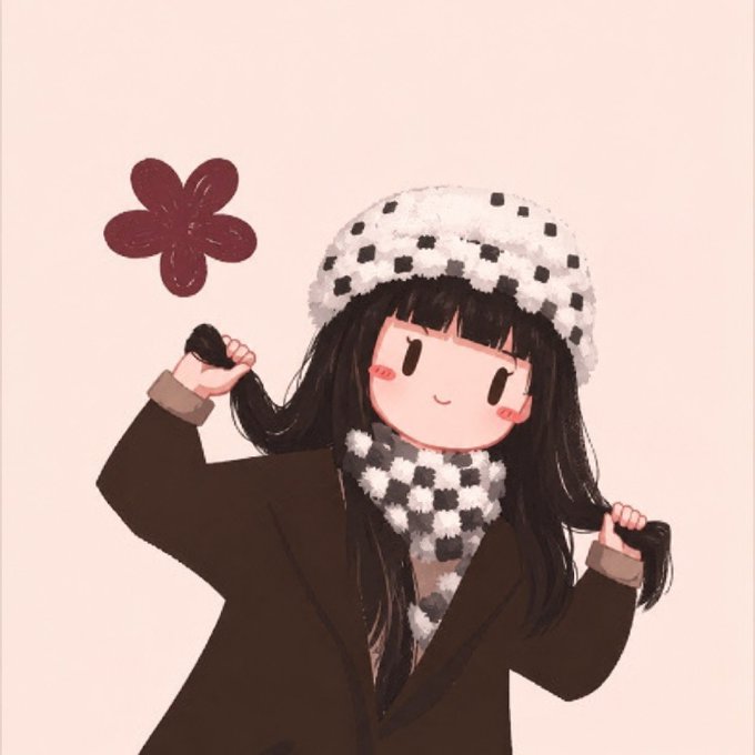 A digital illustration of a cute anime-style girl wearing a black and white checkered hat and scarf, holding her dark pigtails with a small flower nearby.