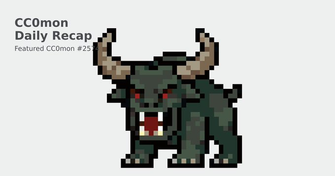 A green pixel-art horned creature with glowing red eyes and sharp fangs is featured as CC0mon #2576 in a "CC0mon Daily Recap" graphic, matching the highest sale mentioned in the post.