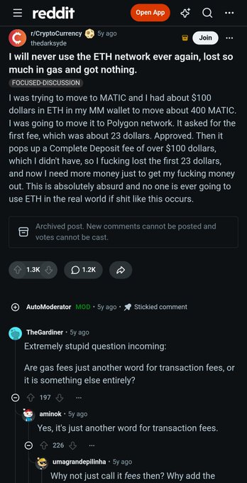A Reddit post from r/CryptoCurrency by user 'thedarksyer' complains about losing money in gas fees on the ETH network while trying to move MATIC tokens to the Polygon network, prompting a comment thread discussing whether gas fees are just another word for transaction fees.