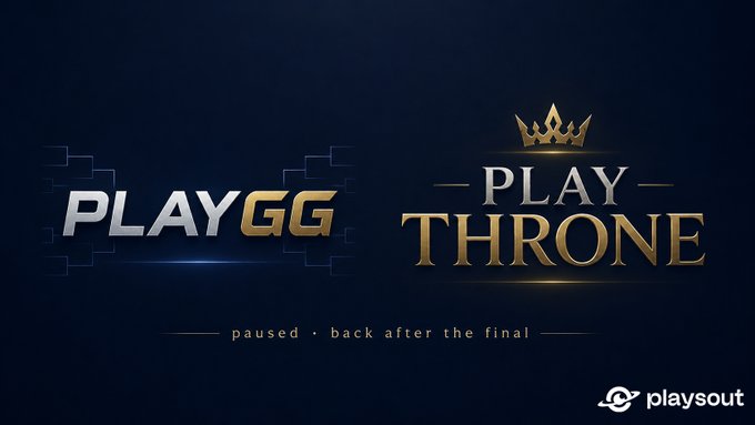 A promotional graphic with a dark blue background displaying two logos: 'PLAYGG' in silver and gold, and 'PLAY THRONE' in gold with a crown icon, with the text 'paused • back after the final' and the 'playsout' logo.