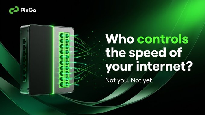An advertisement for 'PinGo' featuring a black networking device with green glowing lights, with text reading 'Who controls the speed of your internet? Not you. Not yet.'