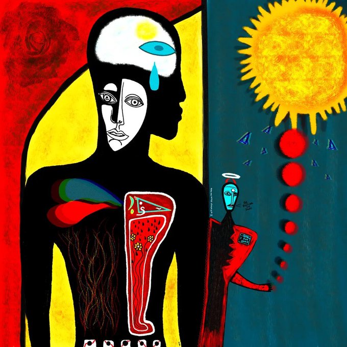 A vibrant, surreal painting depicting a large black silhouetted figure with white facial features containing multiple eyes and a blue tear, standing beside a smaller figure against a background split between red/yellow and dark blue with a yellow sun.