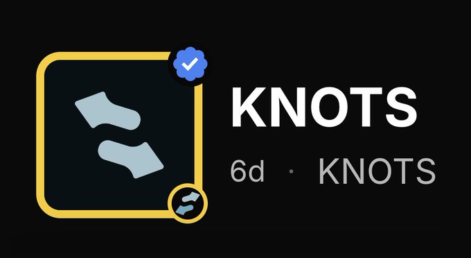An app icon and listing for "KNOTS" (displayed 6 days ago) with a blue verification checkmark, confirming the post's announcement that the $KNOTS token has been verified on DexFun.
