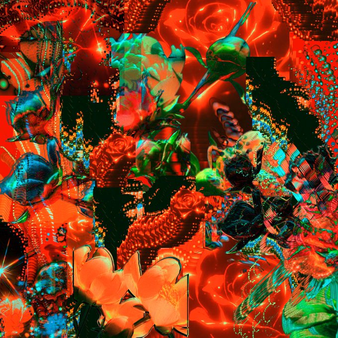 A chaotic, psychedelic digital artwork featuring a vibrant mix of red, green, and cyan colors with fragmented organic shapes, flowers, and abstract patterns.