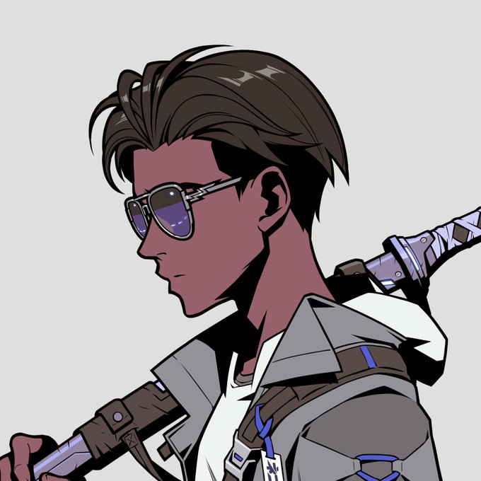 An anime-style illustration of a young man in profile wearing aviator sunglasses and a gray jacket, with a sword strapped to his back.