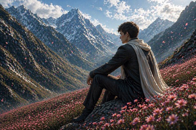 A lone figure in a flowing scarf gazes contemplatively across a vast field of pink wildflowers toward distant snow-capped peaks, capturing the patience and conviction the post describes—waiting too long to act on belief in $ETH only makes the cost of entry steeper.