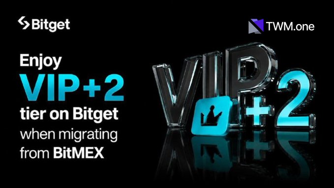 A promotional advertisement from Bitget and TWM.one offering 'Enjoy VIP+2 tier on Bitget when migrating from BitMEX' with a 3D rendered VIP+2 graphic.