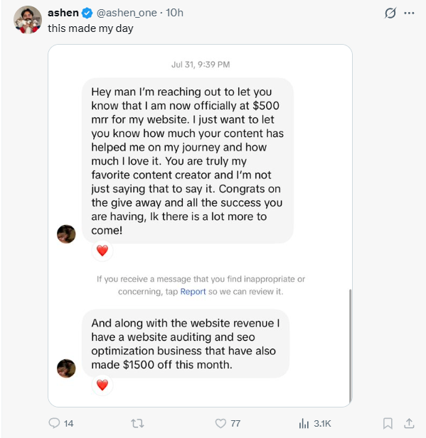 A tweet by @ashen_one shares a screenshot of a message someone received claiming to have made $500 MRR from their website and $1500 from their auditing/SEO business that month. The accompanying post implies this screenshot is part of a pattern where individuals were being manipulated into handing over money, with the poster accusing the sender of scamming vulnerable people, including someone in crisis, out of significant sums.