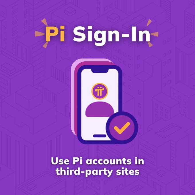 A purple promotional graphic titled "Pi Sign-In" features a smartphone displaying the Pi logo with a checkmark, alongside the text "Use Pi accounts in third-party sites." The image visually reinforces the post's announcement about Pi Sign-in functionality, which enables Pioneers to use their Pi accounts for authentication on supported third-party websites and apps.