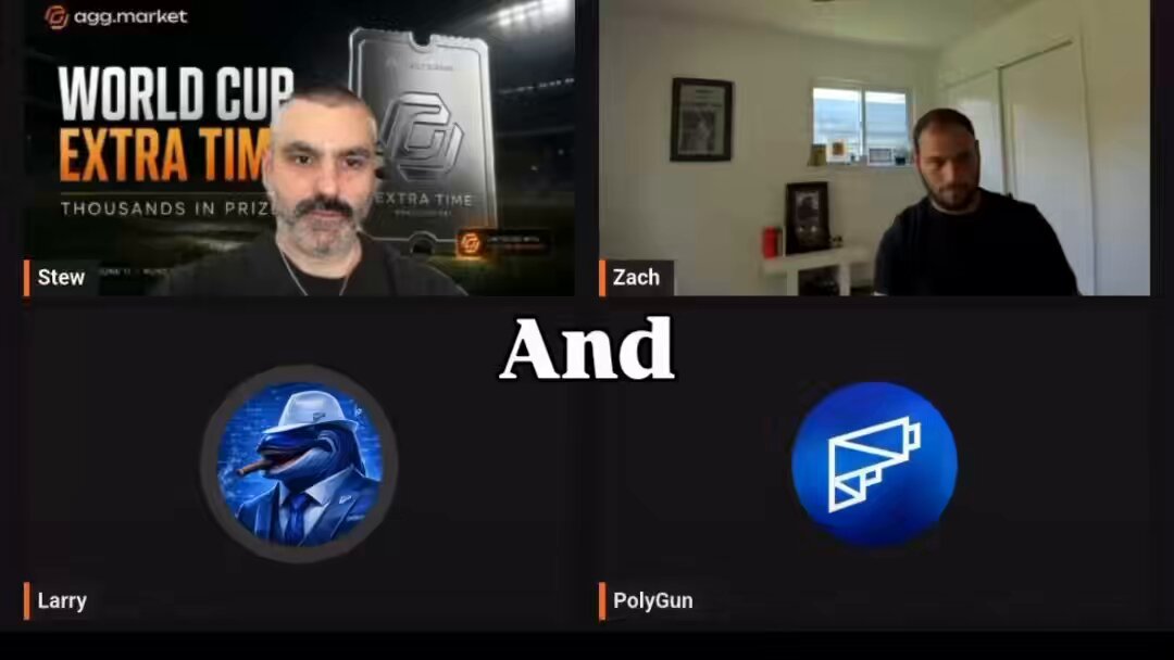 In the image, a man appears on a computer screen as the presenter of an extra-time World Cup game show event with two hosts. The host on the left side has a mustache and is wearing a blue suit, while the other host also wears a blue suit but sports a fake mustache. They are both located in front of a table displaying logos for PolyGun trading platforms and PolyGun wallets to help viewers copy the top traders' strategies. The image promotes the idea that anyone can be successful at copy trading by using PolyGun platforms or wallet services, without needing extensive financial knowledge or expertise.