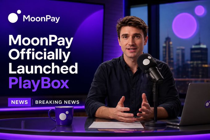A promotional news graphic featuring MoonPay branding and text reading 'MoonPay Officially Launched PlayBox' alongside a man speaking into a microphone in a studio setting.