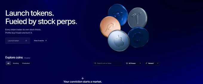A website landing page with the headline 'Launch tokens. Fueled by stock perps.' featuring 3D coins branded with Apple, Tesla, and Coinbase logos, along with 'Launch token' and 'How it works' buttons.