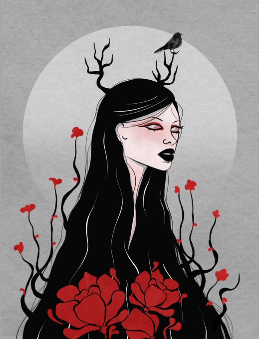 An illustration of a dark-haired woman with antlers and a black bird perched on her head, surrounded by red flowers and set against a gray background with a pale moon.