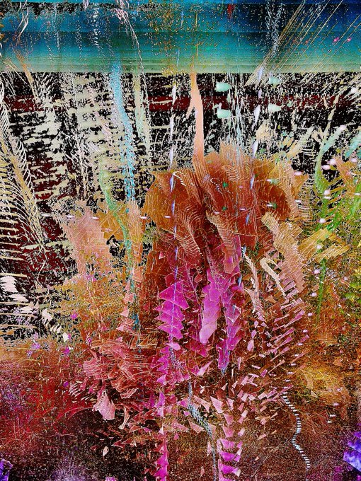 An abstract mixed-media composition with a central pink and brown feathery form emerges against a dark, textured background streaked with splashes of turquoise, cream, and gold. The chaotic yet organic patterns evoke the text's themes of unfamiliar patterns and the resilience of life, reflecting the artist's contribution to the mutual aid initiative for Venezuelan creators.