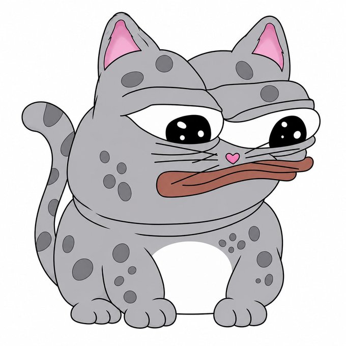 A cartoon illustration of a gray spotted cat with large expressive eyes, pink inner ears, a heart-shaped pink nose, and a protruding tongue, sitting against a white background.