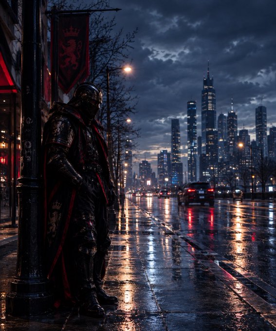 A cinematic, dark fantasy scene depicting an armored knight standing under a lamppost with a red lion banner, overlooking a rainy, neon-lit futuristic city skyline at night.