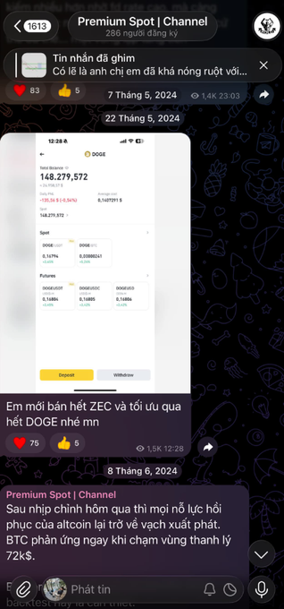 A Telegram channel screenshot from 'Premium Spot | Channel' with Vietnamese text discussing DOGE and Bitcoin prices, showing a balance of '148,279.572'.