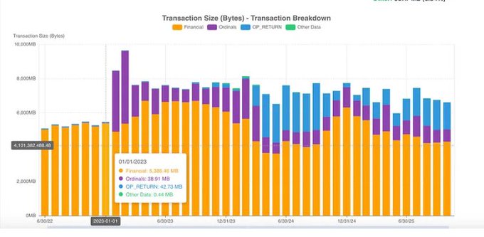 A bar chart titled 'Transaction Size (Bytes) - Transaction Breakdown' showing data from 8/5/22 to 6/30/25, with categories for Financial, Ordinals, OP_RETURN, and Other Data, displaying a total of 4,101,982,488.46 bytes.