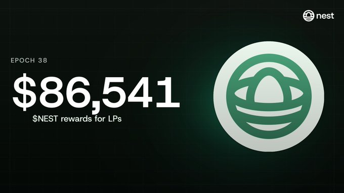A dark graphic showing 'EPOCH 38' with '$86,541 $NEST rewards for LPs' next to a circular green logo featuring a nest with an egg.