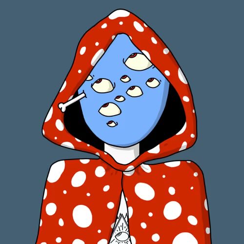 A digital illustration depicts a figure wearing a red hooded cloak with white polka dots, with the hood up revealing a blue face covered in multiple eyes and a small skull-like detail on the chest. The accompanying caption "This is my Cloak🫡💜💜" suggests the artwork represents a personal character or persona, with the eye-covered face giving it a mystical or otherworldly appearance.