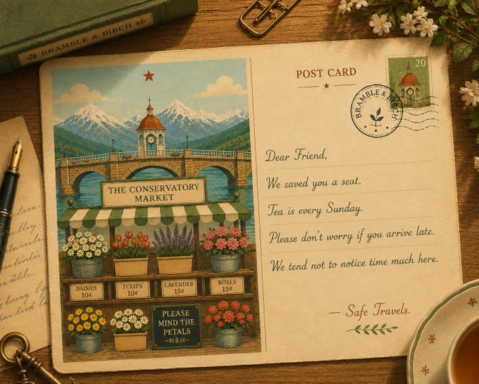 A decorative postcard from 'Bramble & Birch' featuring an illustration of 'The Conservatory Market' flower stand with daisies, tulips, lavender, and roses, alongside a handwritten message reading 'Dear Friend, We saved you a seat. Tea is every Sunday. Please don't worry if you arrive late. We tend not to notice time much here. — Safe Travels.'