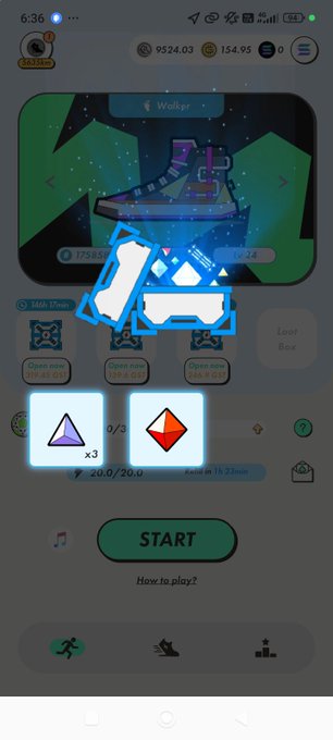 A mobile game screen showing a sneaker collection with a 'Walker' shoe displayed, along with resource icons (purple and red gems) and a START button.