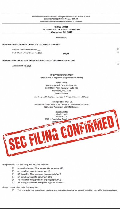 An SEC Form N-1A filing for 'ETF OPPORTUNITIES TRUST' stamped with a large red 'SEC FILING CONFIRMED' mark.