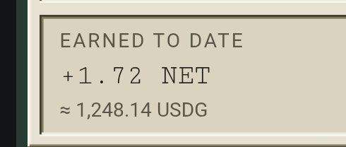 A screenshot displays text reading 'EARNED TO DATE +1.72 NET ≈ 1,248.14 USDG.'