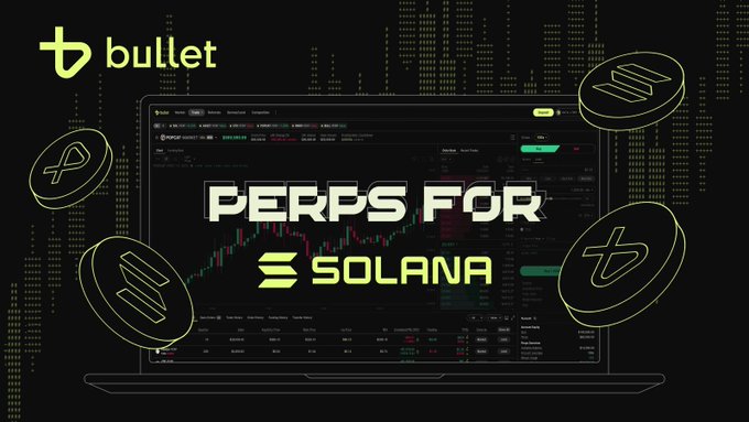 The image features a laptop screen displaying a trading platform called Bullet, which is used for trading Bitcoin. There are several coins displayed on the screen, including Bitcoin Cash, Bitcoin Core, and Bitcoin XL. The text "Perps for Solana" can be seen in the image as well.