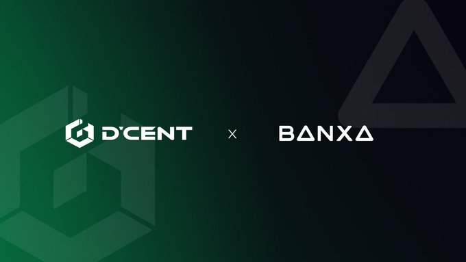 The image features the logos of D'CENT and BANXA on a dark green and black gradient background, visually representing a partnership between the two companies as referenced in the announcement about supporting D'CENT and the XRP community.