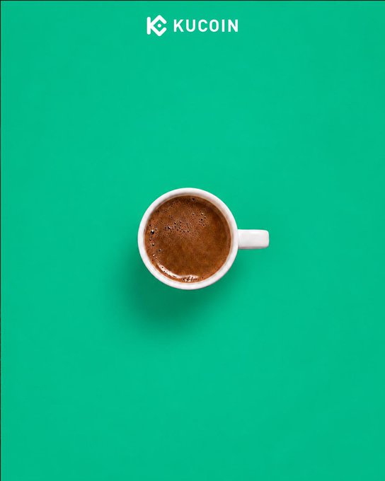 A top-down view of a freshly poured cup of black coffee centered on a vibrant green background, with the "KUCOIN" logo displayed at the top. The image complements the post's reference to "freshly brewed market momentum," using the steaming coffee as a metaphor for an energetic start to the trading session on KuCoin.