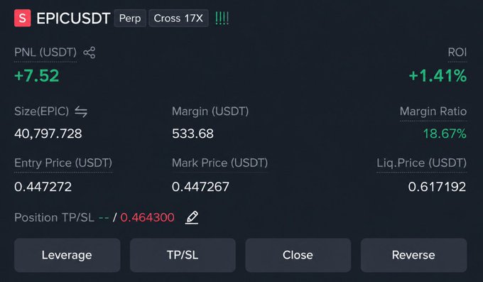 The image shows an open SHORT position on EPIC/USDT perpetual futures with 17X leverage, displaying an unrealized PNL of +7.52 USDT (+1.41% ROI) at an entry price of 0.447272 and mark price of 0.447267, confirming the live signal's entry parameters with the position currently in profit toward its TP range of 0.4393–0.4209.