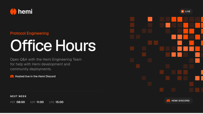 The image shows a poster for an office hours event at Hemi Protocol Engineering. The poster has a black background with orange squares, creating a striking contrast that draws attention to the event details. The text on the poster provides information about the event, including the date and time of the meeting, which is scheduled for 8:00 AM PDT (11:00 AM EDT) and will last until 11:00 AM UTC. The poster also mentions that only in Hemi's Discord can you find the link to attend this event.