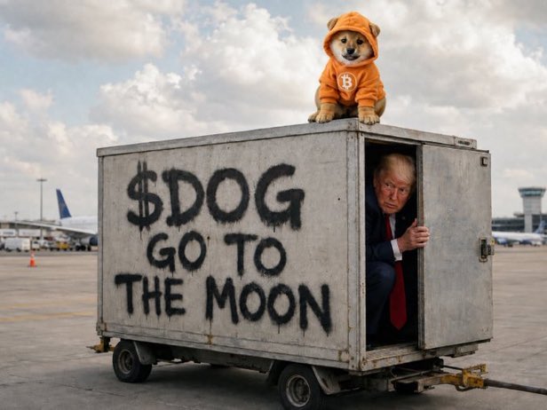 A cargo container emblazoned with the text "$DOG GO TO THE MOON" sits on an airport tarmac, topped by a Doge character in an orange hoodie and featuring a figure resembling Donald Trump peeking from the doorway.