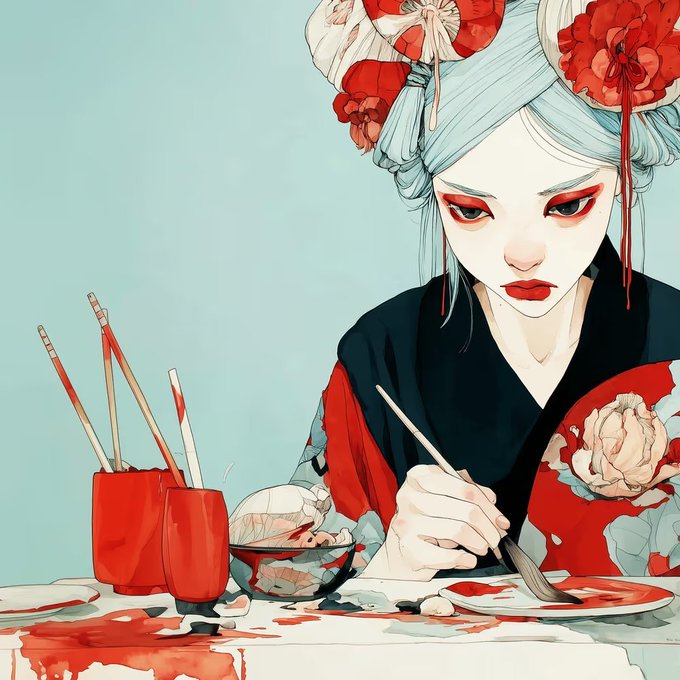 A digital illustration of a pale woman with white hair styled in traditional buns adorned with red flowers, wearing a kimono while painting with a brush at a table with red and white supplies.
