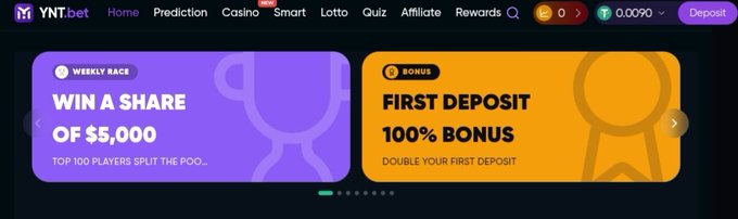 The image shows the YNT.bet homepage header featuring two promotional banners—a purple "Weekly Race" banner offering a share of $5,000 to the top 100 players, and a yellow "First Deposit 100% Bonus" banner advertising a double-deposit offer. These banners visually support the accompanying post's promotion of the 100% first deposit bonus, highlighting the key incentive driving players to fund their YNT.bet accounts.