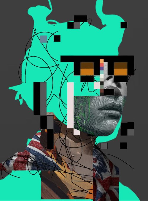 A digital collage portrait features a partially fragmented face with glitch elements, overlaid with a green spray-painted silhouette and chaotic black scribble lines on a gray background.