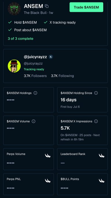 The image shows a tracking page for $ANSEM on "The Black Bull" platform, with the user @juicyrayzz having completed 3 out of 3 tasks and holding $ANSEM for 16 days since July 6th. The posting continues the user's positive sentiment towards $ANSEM, mentioning its current price is $0.20 and their belief in its potential for growth.