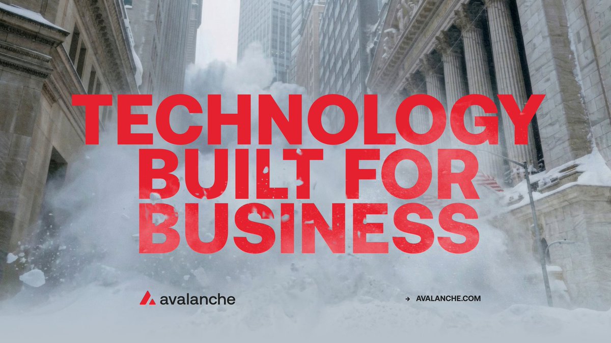 The image features a cityscape with buildings covered in snow, emphasizing the cold weather conditions. The text "Technology Built for Business" is written above the snowy scene, suggesting that technology plays a crucial role in modern business operations. The phrase "From the beginning, Avalanche was about expanding what builders could create", implies that the company has been at the forefront of technological advancements and innovation within the industry.