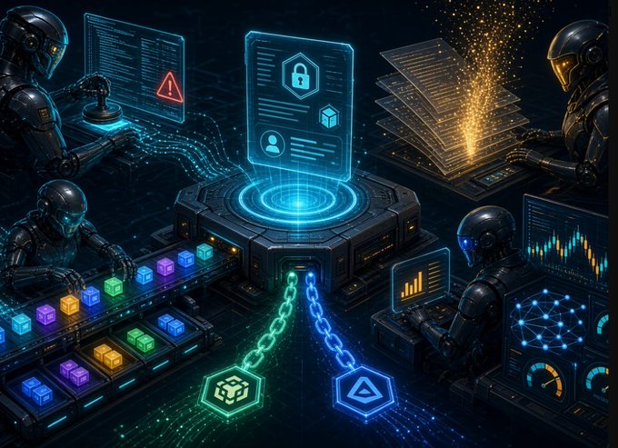 A futuristic digital illustration depicts robots managing blockchain and AI systems, with glowing data panels, cryptocurrency blocks, and interconnected chains.