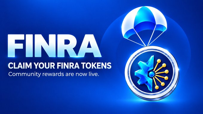 A promotional graphic with 'FINRA' and 'CLAIM YOUR FINRA TOKENS' text alongside an image of a token dropping via parachute.