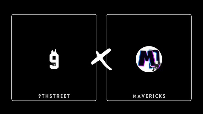 A graphic featuring two logos separated by an 'X' symbol: the '9THSTREET' logo on the left and the 'MAVERICKS' logo on the right, both set against a black background.