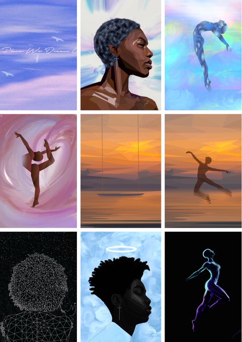 A grid of nine artistic illustrations featuring various figures, including dancers, silhouettes, and portraits, with text partially visible reading 'Dance Who Dreams' on one panel.