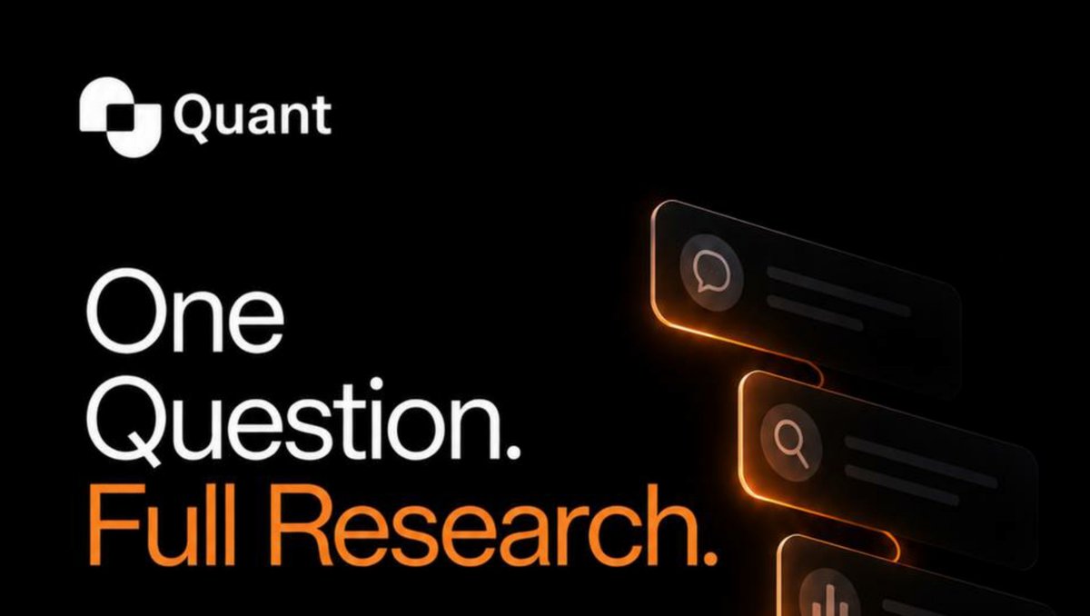 Dark promotional graphic for 'Quant' with the tagline 'One Question. Full Research.' and stylized chat and search interface elements.