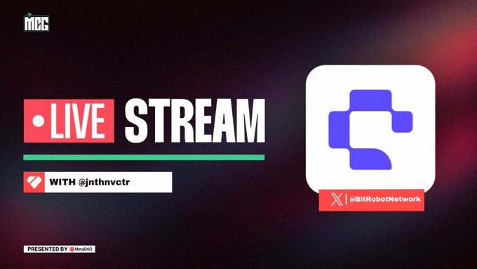 The image is a live stream announcement banner for MCG featuring a "LIVE STREAM" with @jnthnvctr and @BitRobotNetwork. It ties to the post by promoting an upcoming broadcast where the BitRobot Network will discuss the BitRobot Bolts program and RoboCap developments with the MCG community.