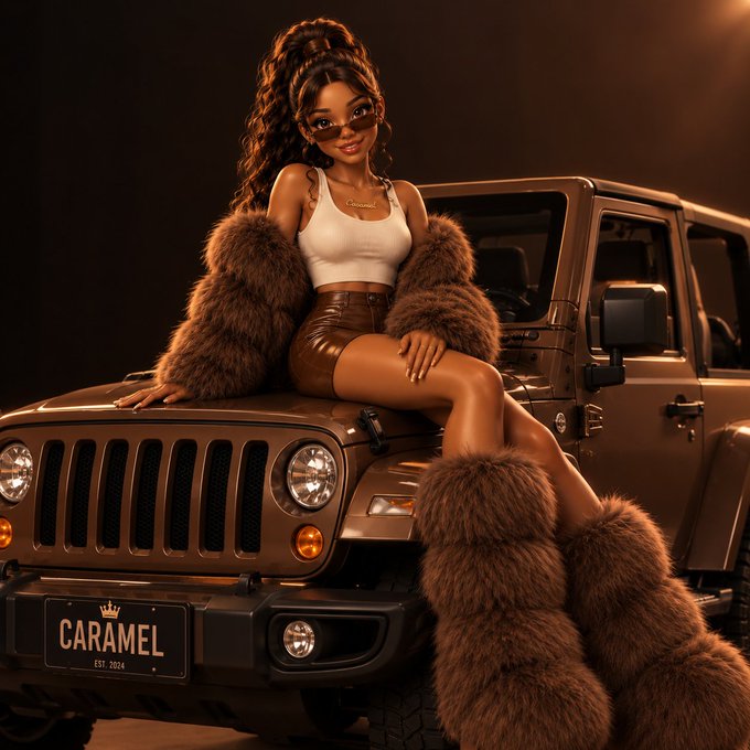 A stylized digital image of a woman in a white crop top, leather shorts, and fluffy brown fur accessories sitting on the hood of a brown Jeep with a license plate reading 'CARAMEL EST. 2024'.