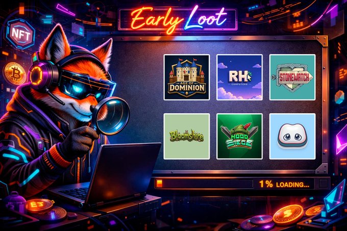A neon-lit digital illustration of an anthropomorphic fox wearing VR goggles and headphones, holding a magnifying glass while sitting at a laptop. The screen shows an "Early Loot" dashboard with game thumbnails (Age of Dominion, RH Computers, Stonewatch, Bloombite, Hard Beeb, etc.), and the bottom reads "1% LOADING..." with NFT and Bitcoin icons.